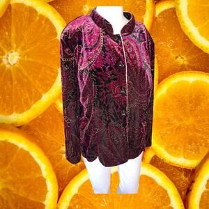 R&K Evenings Velour Red Collarless Button Up Paisley Design‎ Blouse Size:XL